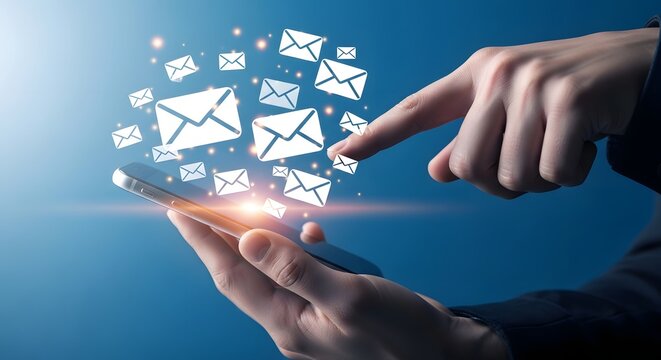 Email communication concept with hand holding envelopes