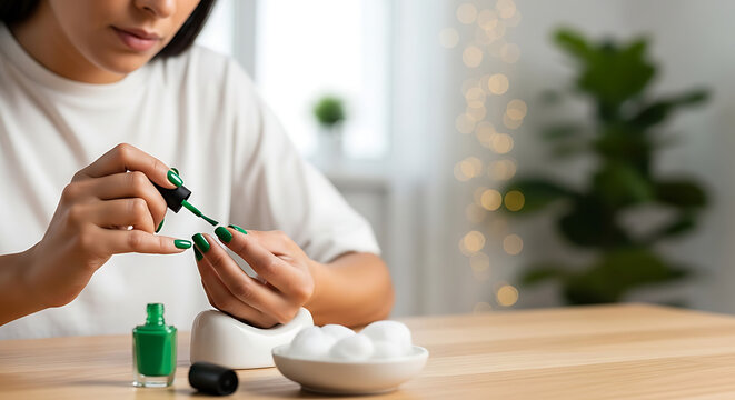 Close up view of woman applying vibrant green nail polish on fingernails at wooden table in bright domestic room with blurred indoor plant background