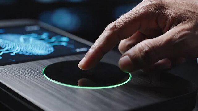 Hand pressing fingerprint scanner on a futuristic device for secure biometric authentication and identification purposes with glowing blue light