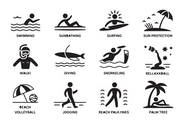 Obraz premium Beach vacation icons set for summertime fun activities like swimming sunbathing surfing and protection holidays