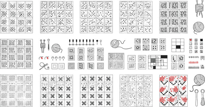 Knitting patterns and stitch charts collection flat vector illustration crochet symbols grids needles yarn and handmade textile design elements set