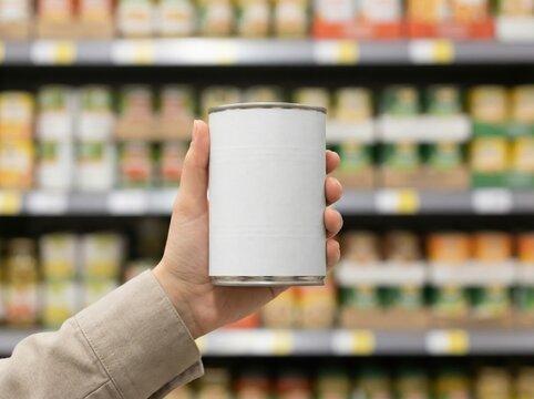 Person holding a blank canned food product in a store