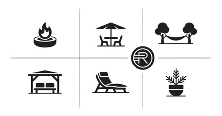 Backyard living icons set featuring fire pit patio table hammock gazebo lounge chair and potted plant decor © Mukti
