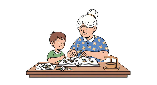 An elderly woman and a young boy sitting at a table, engaged in a fun educational activity with a book and flowers.