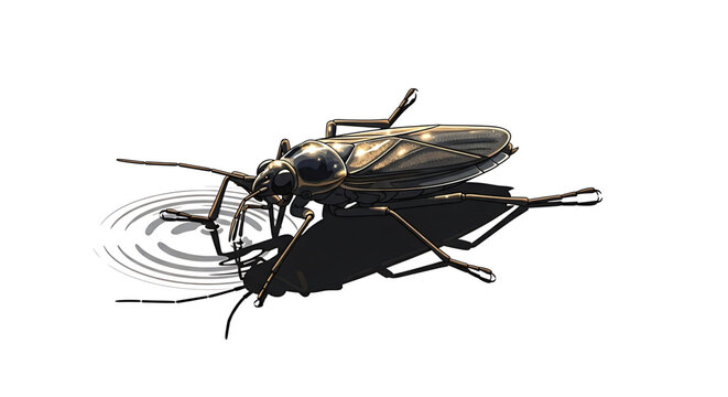 A detailed vector illustration of a water strider insect on the surface of water