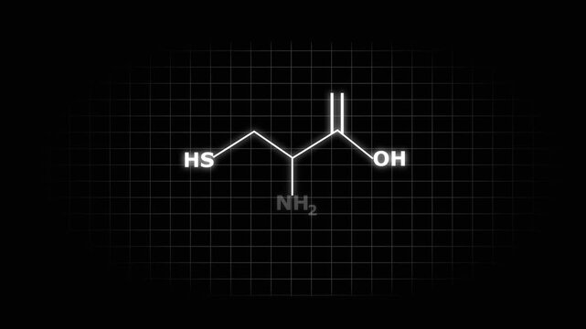 Cysteine amino acid molecular structure with cyan color icon animation on black background. Cysteine Molecular Structure Symbol icon Animation. Cysteine Molecule Structure icon