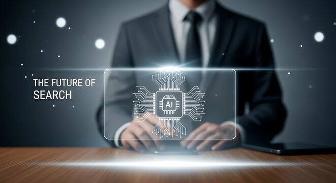 Businessman interacting with futuristic AI search interface and neural network processor