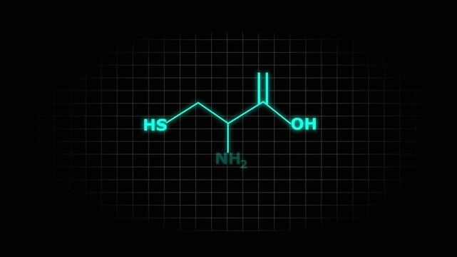 Cysteine amino acid molecular structure with cyan color icon animation on black background. Cysteine Molecular Structure Symbol icon Animation. Cysteine Molecule Structure icon