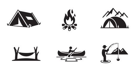 Obraz premium Set of vector icons for camping and outdoor activities like hiking fishing and canoeing adventure set