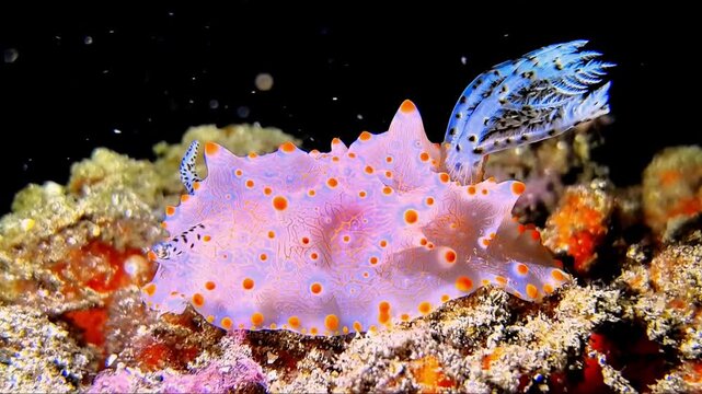 Pink Spotted Nudibranch Crawling on Sandy Coral Reef