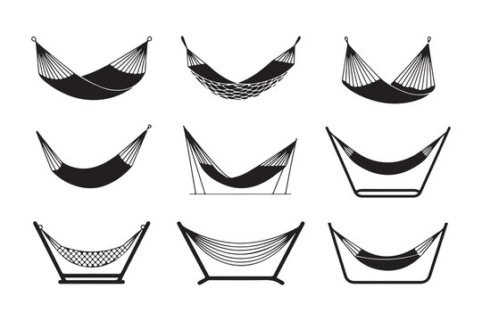 Set of hammock icons showing various hanging nets and outdoor swinging furniture silhouettes for summer rest