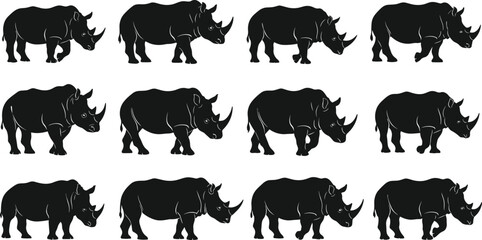Rhinoceros silhouette set vector collection featuring black rhino in multiple poses isolated on white background wildlife safari animal design elements pack © Aminul