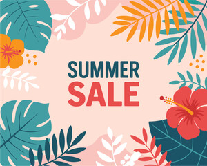 Fototapeta premium Summer sale announcement with tropical leaves and hibiscus flowers for marketing