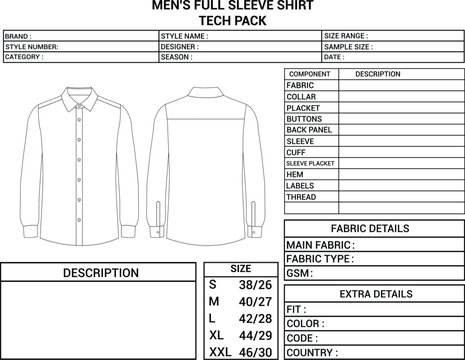 Men&rsquo;s Full Sleeve Shirt Tech Pack Template Front and Back View 