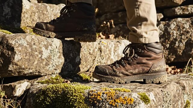Footsteps on a rocky outdoor staircase in the sun with brown boots and khaki pants, trekking and exploration