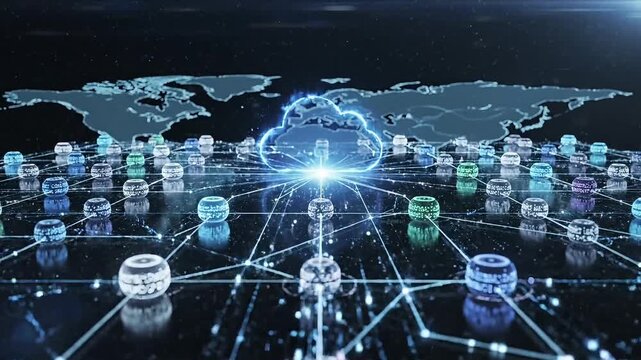 Cloud computing network with a glowing cloud icon and connected nodes on a world map background