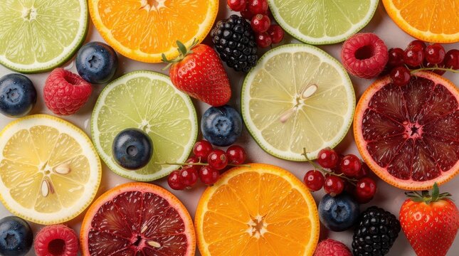 A vibrant assortment of sliced fruits, including citrus, berries, and colorful sections, creating a visually appealing and fresh display.