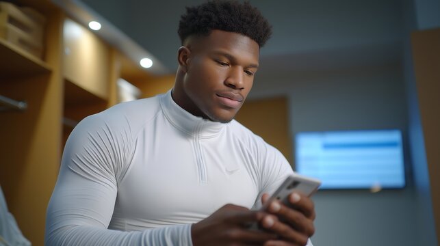 Professional athlete reviewing performance metrics from smart clothing sensors post-training, compression gear displaying real-time muscle activity data in locker room environment, perfect for