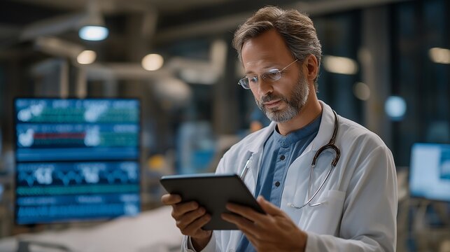 Emergency room physician utilizing AI triage system on tablet to prioritize incoming patients, machine learning recommendations appearing alongside vital signs during busy shift, perfect for