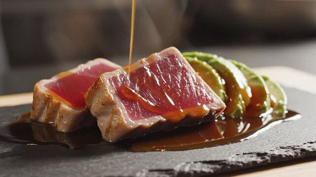Gourmet seared tuna steak with avocado slices and soy glaze on a dark slate plate ready to eat