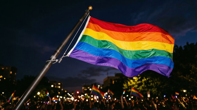 Rainbow flag flying over a night pride crowd