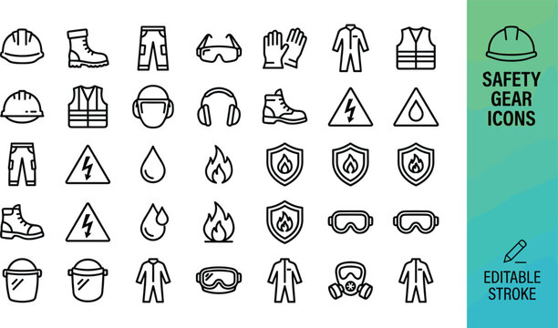 Comprehensive safety gear icon set featuring editable stroke line symbols for protective clothing industrial hazards and occupational health.