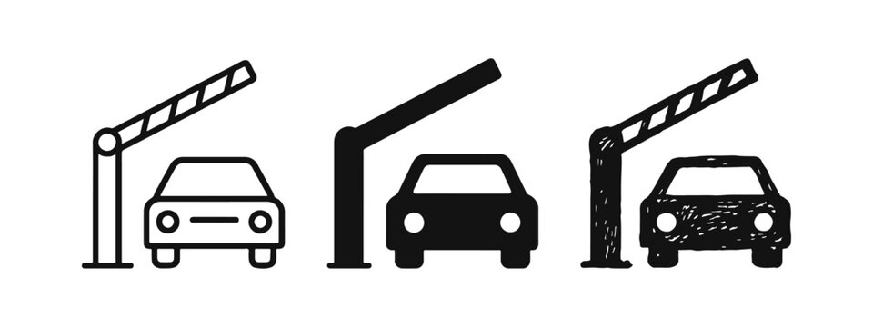 Car Barrier and Parking Access Icon Set. Automatic Gate for Vehicle Entry Symbols in Different Styles.