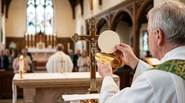 Priest celebrating eucharist during catholic mass in church