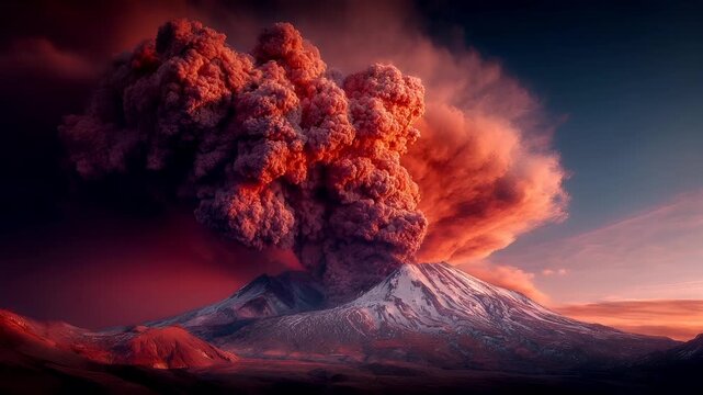 Outdoor exploration adventure. A dramatic landscape photograph depicts a volcanic eruption. A large plume of fiery orange and red smoke rises from the top of a mountain.