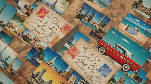 Vintage Travel Postcards and Retro Car Arrangement.