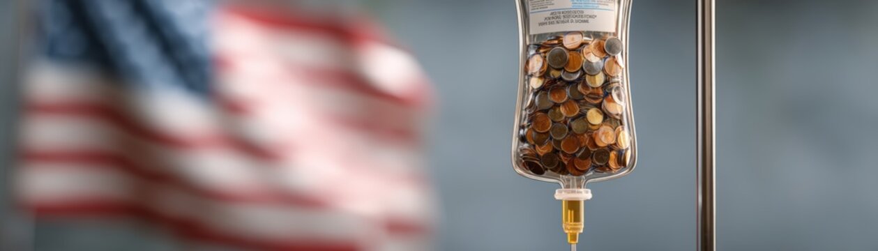 An IV bag filled with coins symbolizes healthcare costs and financial burden, with a blurred American flag in the background, Medicines shortage during US and Iran war