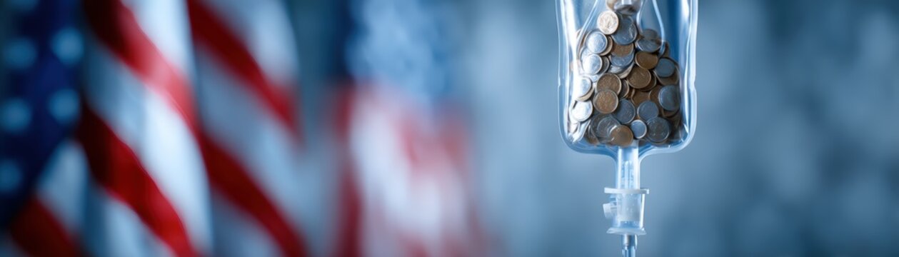 An IV bag filled with coins hangs in front of a blurred American flag, symbolizing financial aid or healthcare funding in the United States, Medicines shortage during US and Iran war