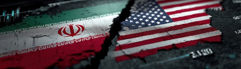 Fototapeta premium Torn flags of Iran and the USA symbolize political tension and conflict between the two nations, Medicines shortage during US and Iran war