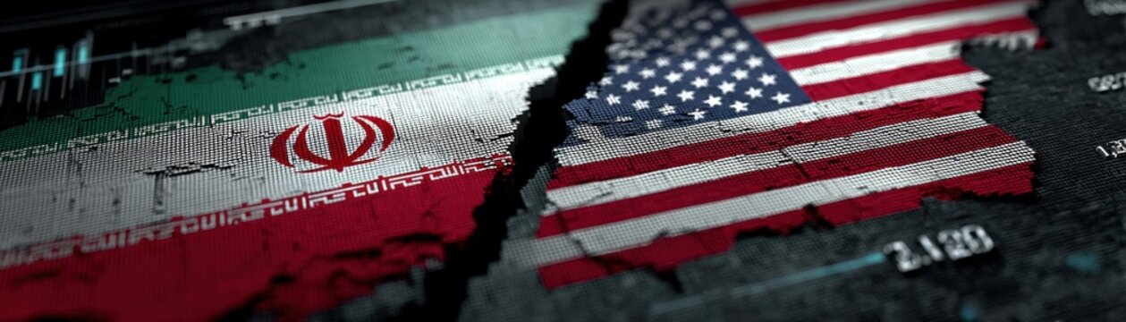 Torn flags of Iran and the USA symbolize political tension and conflict between the two nations, Medicines shortage during US and Iran war