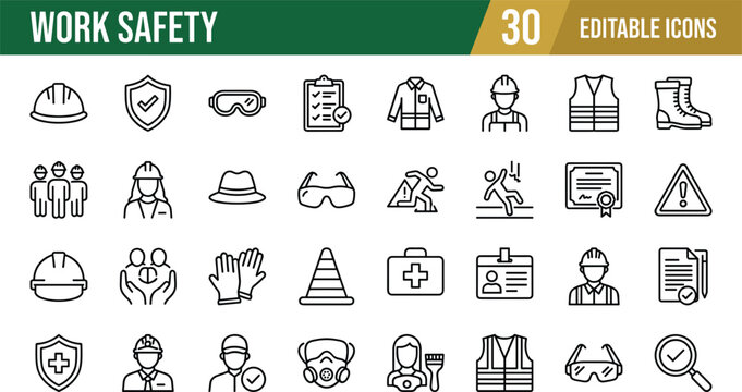Comprehensive work safety vector icon set featuring editable line symbols for protective gear occupational health and construction security.