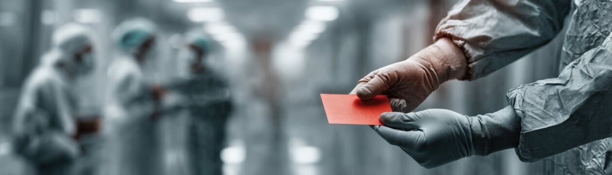 A gloved hand holds a red card in a sterile, industrial setting with workers blurred in the background, a quality control or safety check process, Medicines shortage during US and Iran war