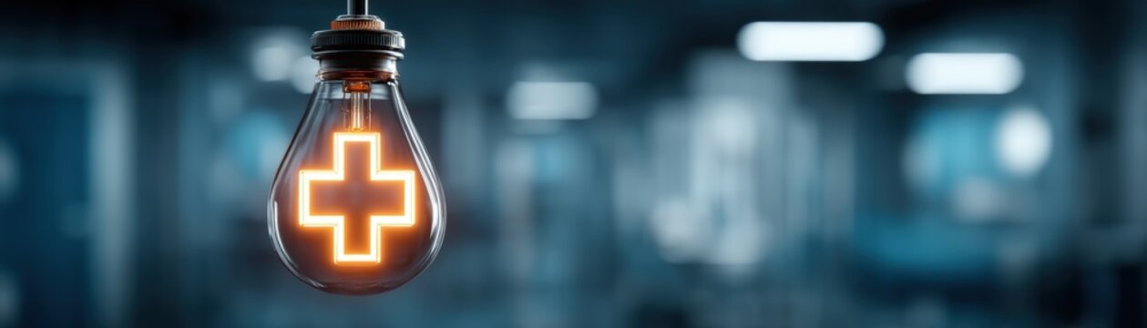 A glowing light bulb with a neon cross symbol inside, hanging in a blurred indoor setting, symbolizing health, medical care, or innovation, Medicines shortage during US and Iran war