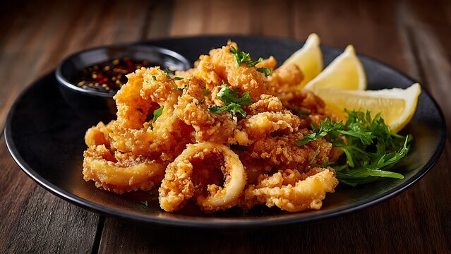 Crispy fried calamari rings, a delightful seafood appetizer. Perfect for lively dining joints, often enjoyed with a knife