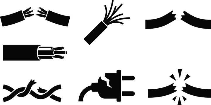 Set of damaged cable and broken wire icons including cut cords plug faults and short circuit sparks isolated black vector