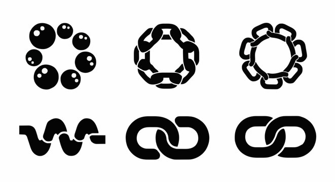 Top-down view of six chain link icons in a two-row layout on a white background, highlighting varied design patterns and configurations