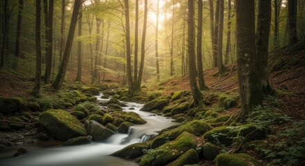 Obraz premium Mossy forest stream with sunlight filtering through trees