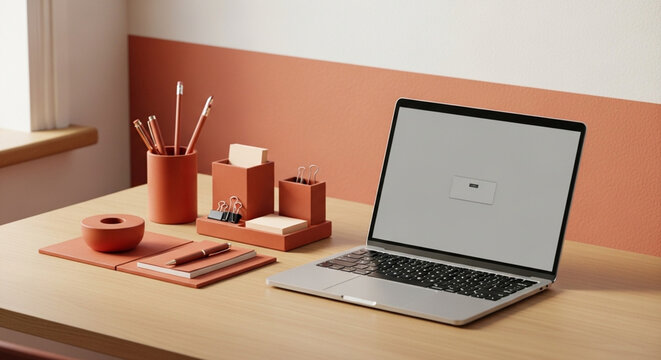 A minimalist workspace featuring a laptop stationery and warm terracotta color scheme high-quality professional detailed