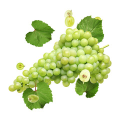 Obraz premium Fresh juicy grapes and green leaves on transparent background