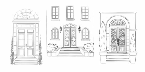Naklejka premium Sketch of three ornate doorways with architectural details and landscaping