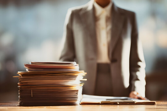 Businesswoman standing behind a large stack of documents and folders on a wooden desk, representing bureaucracy, legal work, and corporate administration tasks in an office environment