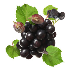Obraz premium Fresh juicy grapes and green leaves on transparent background