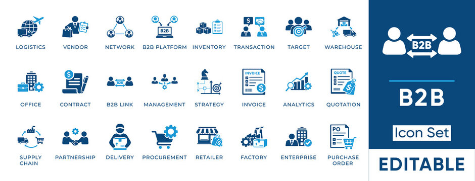 B2b icon set. Containing supply chain, logistics, b2b platform, procurement, warehouse, factory, vendor and more. Solid vector icons pack.