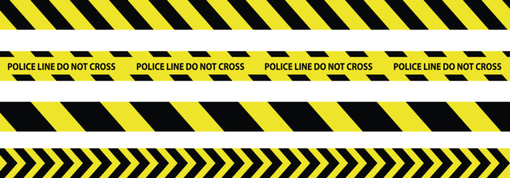 Yellow and black danger tape set with skull symbols for safety hazard zones roads and construction. Includes caution ribbons warning lines for police accidents and construction.