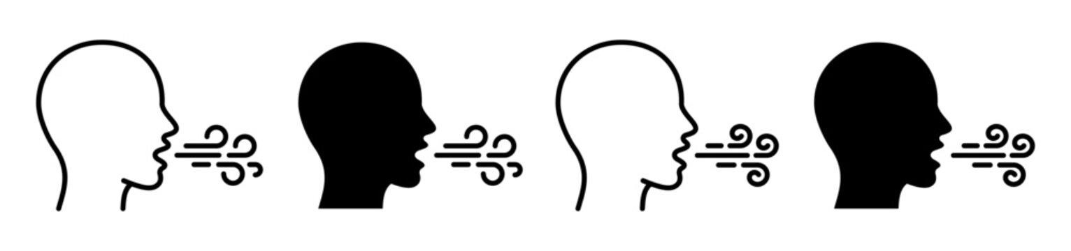 Respiratory breathing icon set. Human head silhouette with airflow stream, coughing and exhalation symbols. Filled pictograms representing breathing problems, air pollution and healthcare themes. 