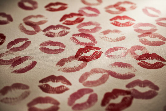 Pattern of red lipstick kiss marks on a textured fabric surface